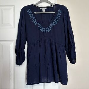 Motherhood Maternity Medium Blouse Navy‎ Blue Embroidered V Neck 3/4 Sleeve